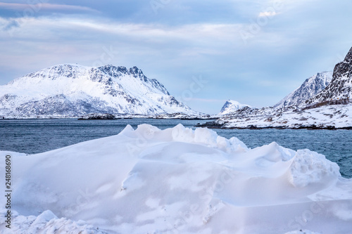  Fiord (fjord) in winter season, Lofoten Islands, Norway