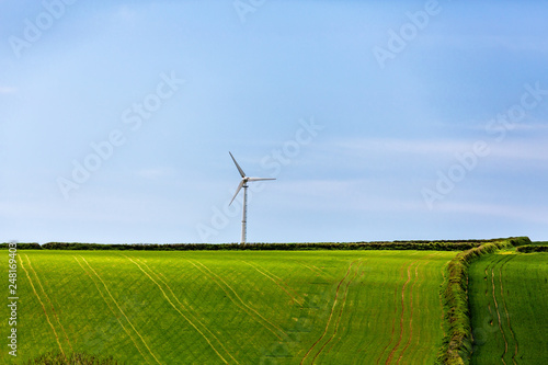 Isolated wind turbine on horizon with green farm field in foreground