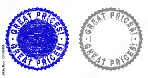 Grunge GREAT PRICES! stamp seals isolated on a white background. Rosette seals with distress texture in blue and gray colors. Vector rubber stamp imprint of GREAT PRICES! caption inside round rosette.