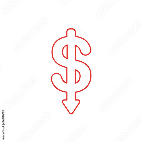 Flat design style vector concept of dollar symbol icon with arrow pointing down on white. White and colored outlines.
