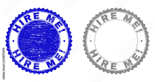 Grunge HIRE ME! stamp seals isolated on a white background. Rosette seals with grunge texture in blue and grey colors. Vector rubber overlay of HIRE ME! title inside round rosette.