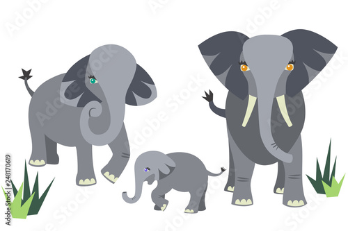 Mother, Father, and Baby Elephant Family in the Wild