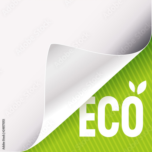 Curled white paper corner on green and Eco sign