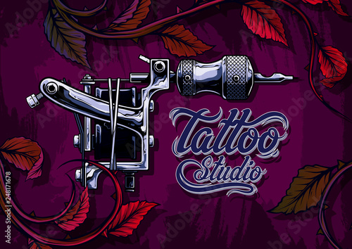 Graphic detailed black and white metal tattoo machine. On violet grunge background with rose branch, stem with leaves and thorns. Hand drawn studio sign. Vector icon.