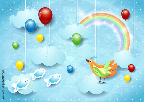 Surreal cloudscape with balloons, bird and flying fishes