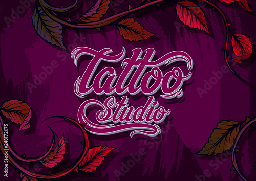 Graphic hand drawn tattoo studio text banner. On violet grunge background with rose branch, stem with leaves and thorns. Vector icon.