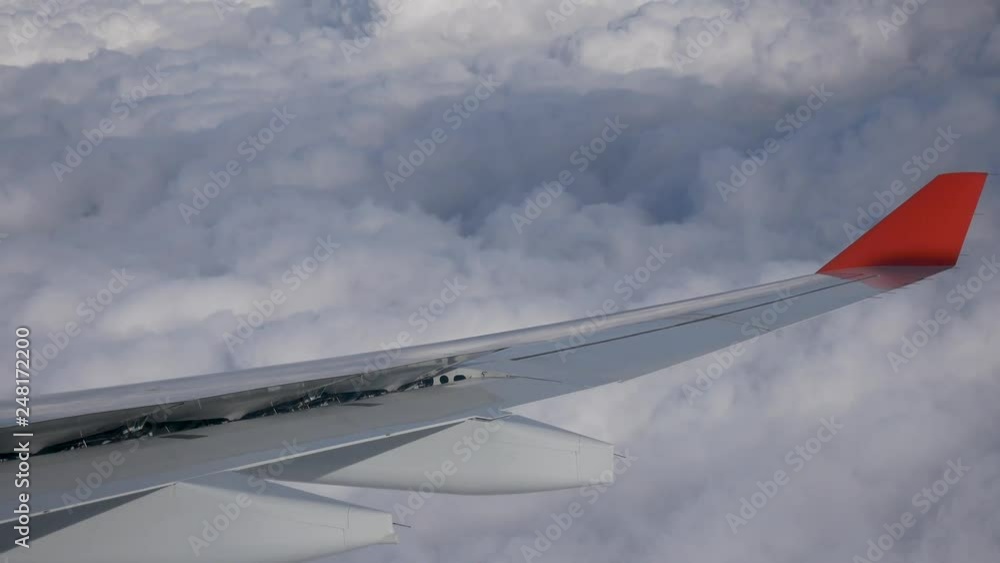 View Of The Wing Of An Airplane In Flight High Above The Ground View Of The Wing Of An Airplane In Flight High Above The Ground