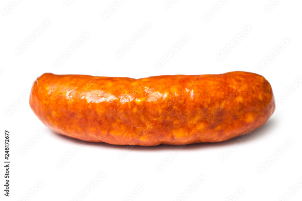 Closeup of smoked sausage on white background
