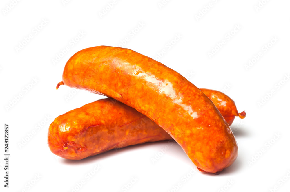 Closeup of smoked sausage on white background Closeup of smoked sausage on white background