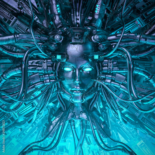 Mind of the machine / 3D illustration of robotic science fiction female artificial intelligence hardwired to computer core photo