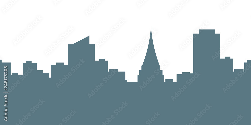 Metropolis background.Seamless border with cute urban landscape in blue color at dawn:silhouettes of modern houses, buildings and a Church or Cathedral on white background.Vector illustration