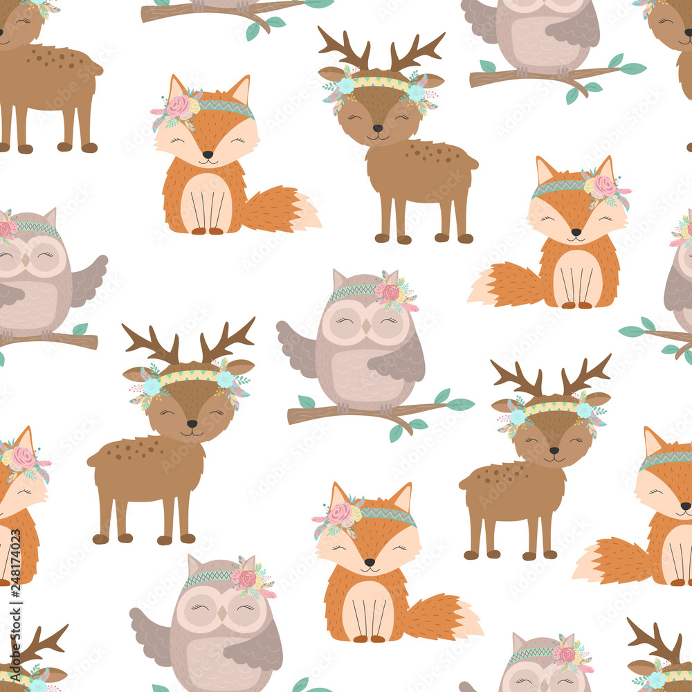 Fototapeta premium Seamless boho pattern. Vector image on national American motifs. Illustration of a little fox, deer and owl with feathers and flowers. For print, background, textile, holiday, children, baby, birthday