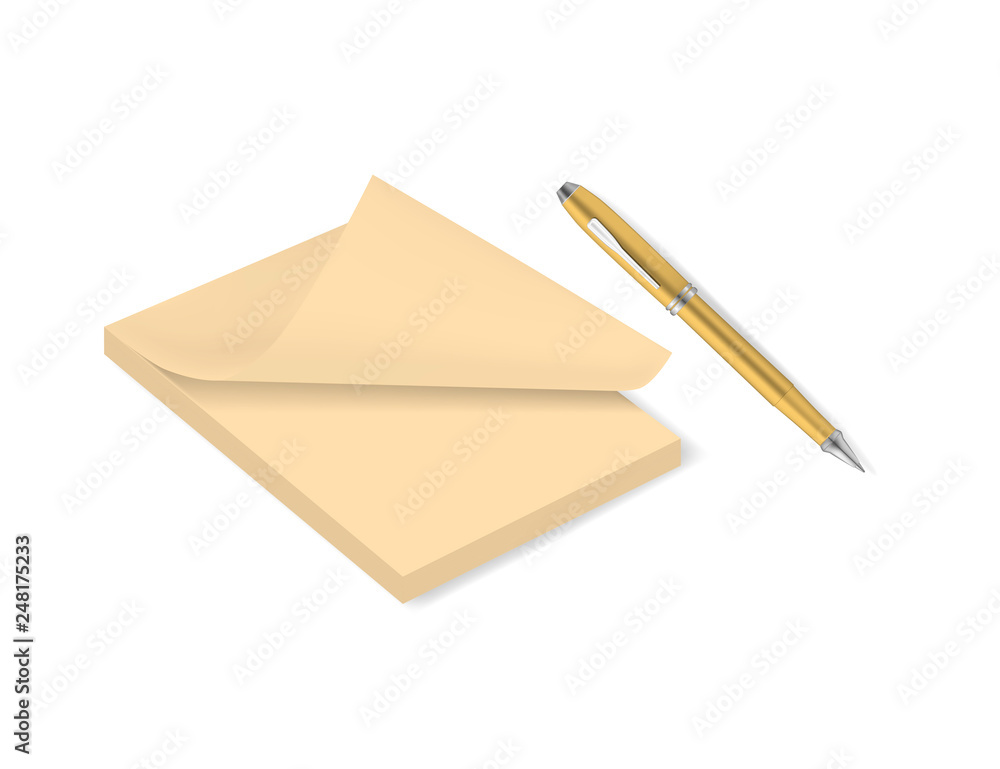 Yellow notepad with page curl and ballpoint pen, vector mockup Yellow notepad with page curl and ballpoint pen, vector mockup