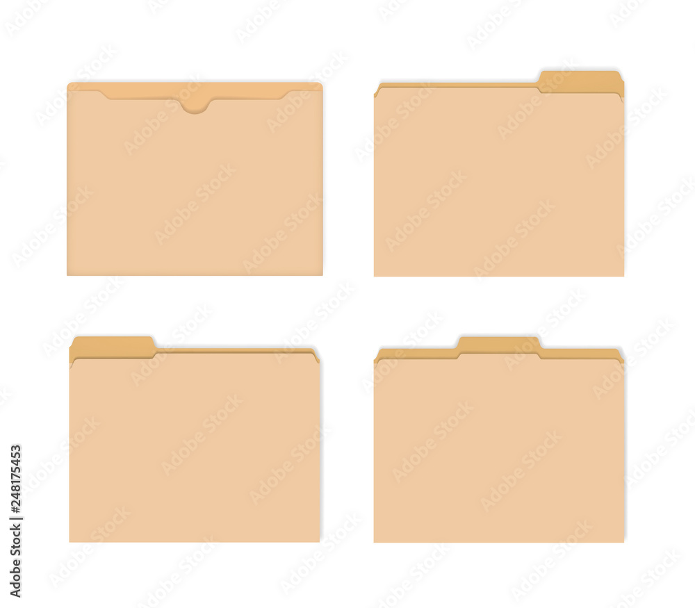 Blank manila file jackets with various cut tabs, vector mockup set