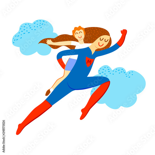 Mommy superhero with baby flies up to the sky.  