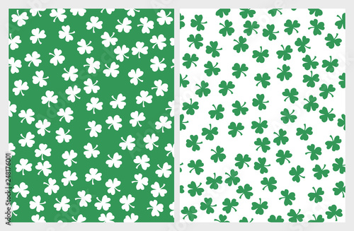 St Patrick Day Seamless Vector Patterns. Green Clover on a White Background. White Clover on a Green. Simple Repeatable Design. Cute Irregular Pattern. Set of 2 Clovers Prints. Irish Symbol of Luck.