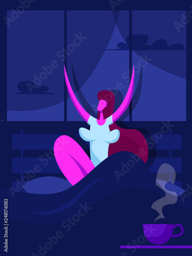 Girl in bed in the early morning. Cup of hot coffee. Vector illustration in flat style