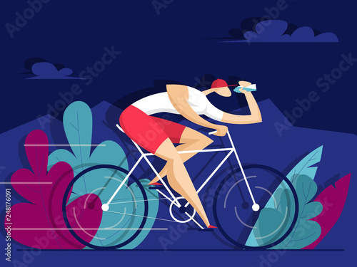 Man rides a bike and drinks water. Sport concept. Vector illustration in flat style