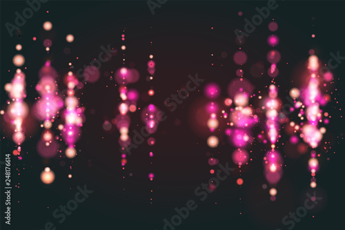Bokeh sparkle glitter lights luxury glamor background. Abstract defocused circular party magic christmas background. Glamorous elegant, shiny, metallic pink background. EPS 10.