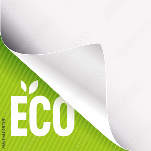 Curled white paper corner on green and Eco sign