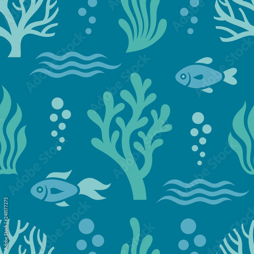 Sea underwater life - seamless pattern. Marine background vector illustration for textile and other print. Graphic design wallpaper. Blue ornament.