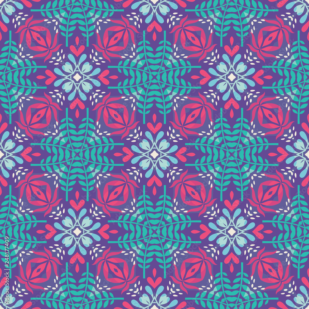 Abstract geometric background - seamless vector pattern in pink and green colors. Ethnic boho style. Mosaic ornament structure. Carpet fragment.