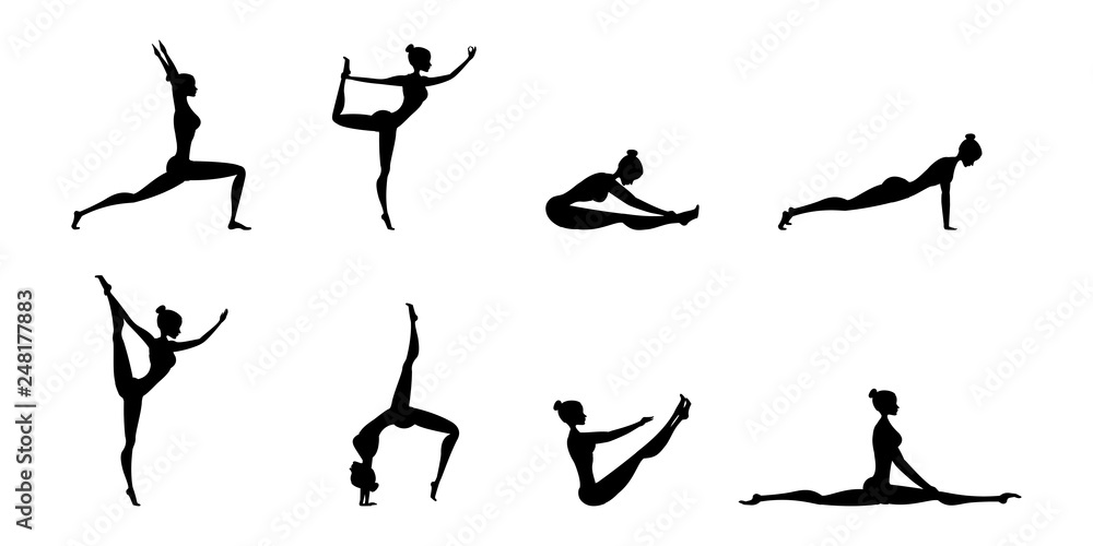 Silhouettes of women in yoga poses,Isolated On White Background,