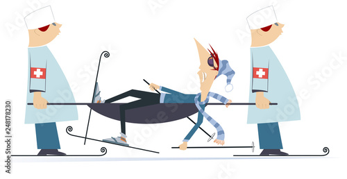 Injured skier and two physicians with a stretcher illustration. Two physicians carry injured skier in a stretcher isolated on white illustration