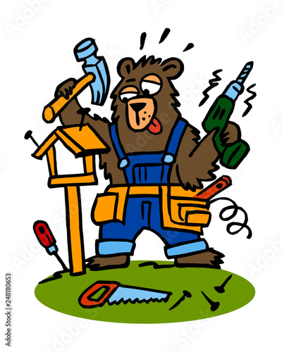 Handy Man Bear in blue overalls with hammer and drill, cartoon joke