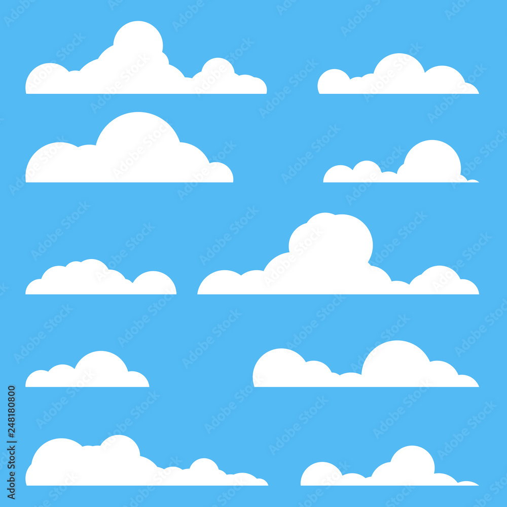 Flat style realistic clouds silhouette. White cluds set. Cartoon style