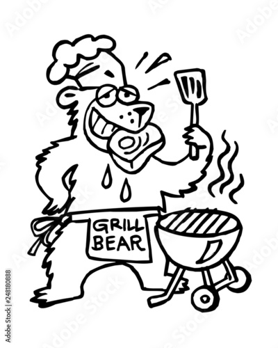 Chef Bear grilling steak at garden party, cartoon joke black and white