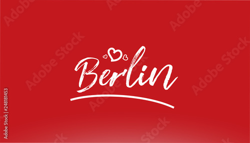 berlin white city hand written text with heart logo on red background