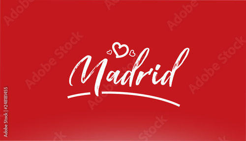 madrid white city hand written text with heart logo on red background