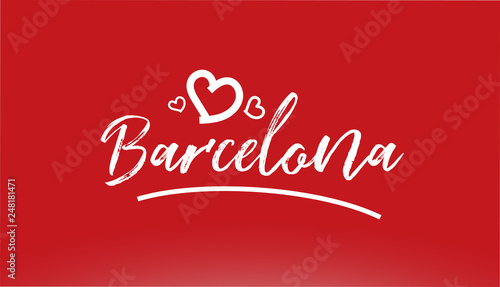 barcelona white city hand written text with heart logo on red background