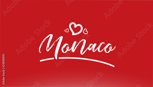 monaco white city hand written text with heart logo on red background
