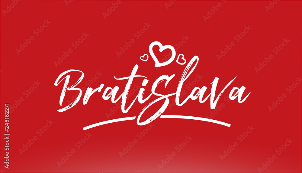 bratislava white city hand written text with heart logo on red background