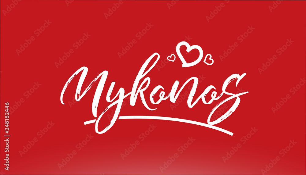 mykonos white city hand written text with heart logo on red background