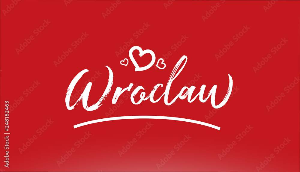 wroclaw white city hand written text with heart logo on red background
