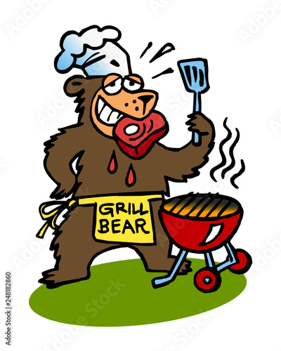 Chef Bear grilling steak at garden party, cartoon joke