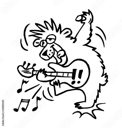 Punk Bear plays rock music on electric guitar, cartoon joke balck and white