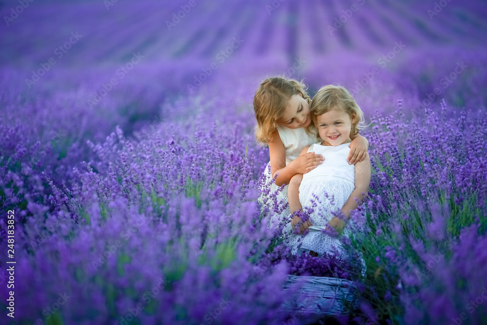 Two cute little sisters in a lavender field Two cute little sisters in a lavender field
