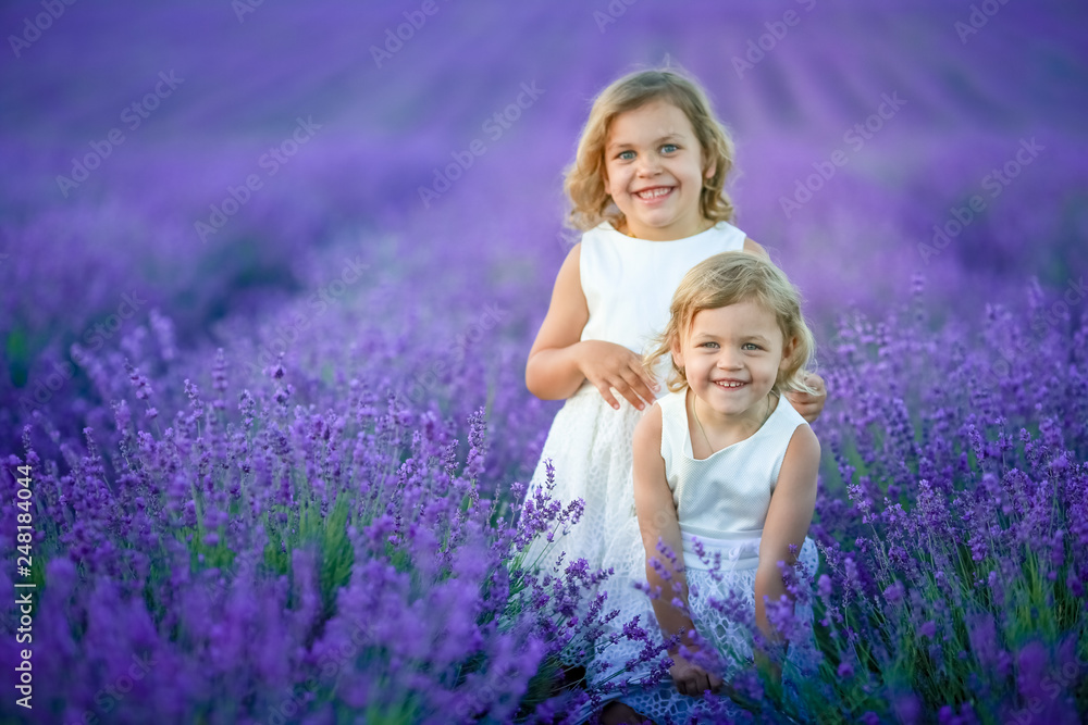 Two cute little sisters in a lavender field Two cute little sisters in a lavender field