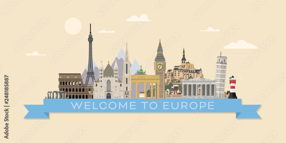 Welcome to Europe travel banner vector illustration