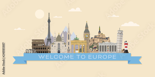 Welcome to Europe travel banner vector illustration