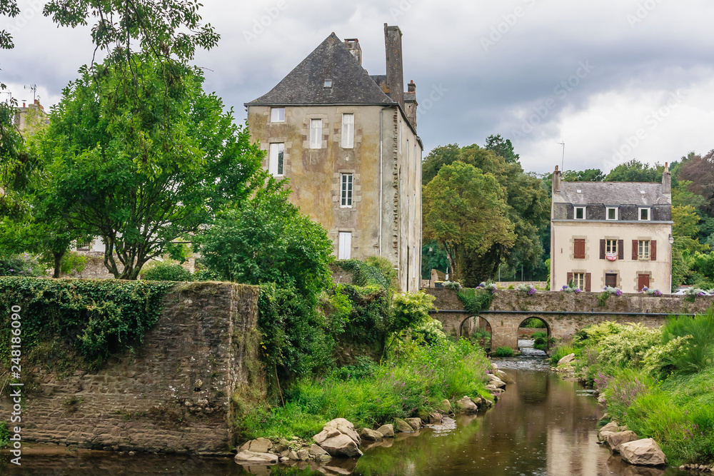 View of Quimperle (Kemperle), a historic town built around two rivers, the Isole and Elle rivers that combine to form the Laita river, in Finistere, Brittany, France