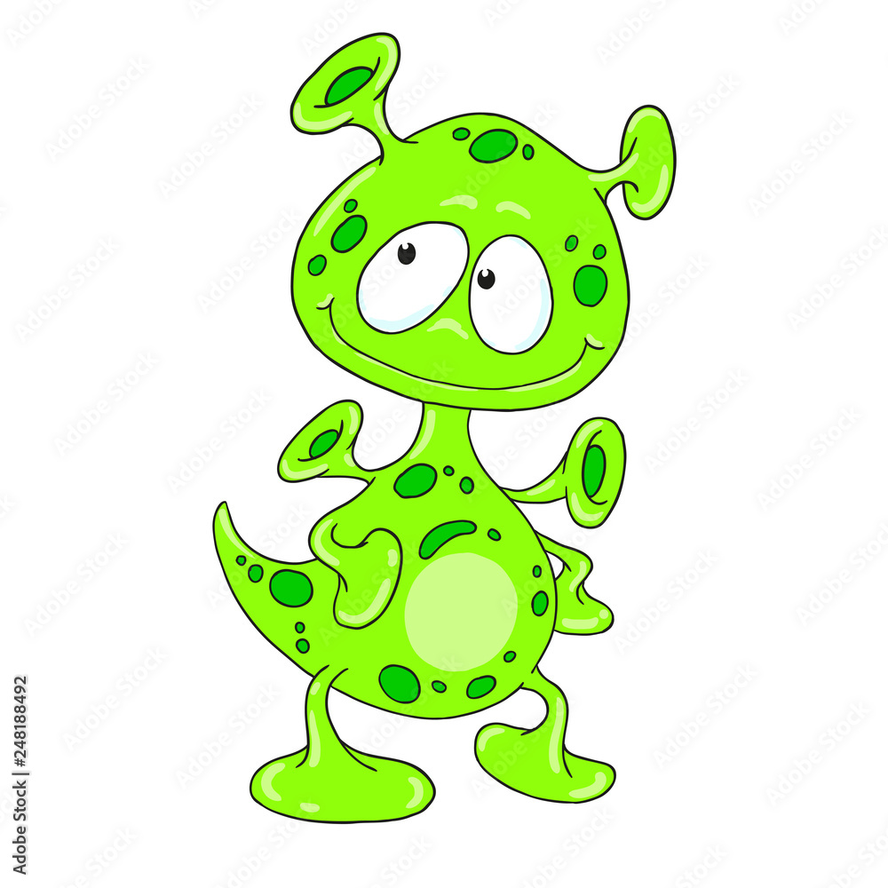 Funny cartoon character green alien. Fantastic creature. Vector drawing  guest from space. Cute character isolated on white background. Postcard  element. Stock Vector | Adobe Stock