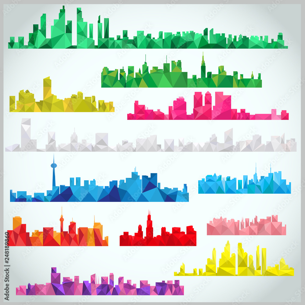 Vector set of modern cities in style of Poly Low