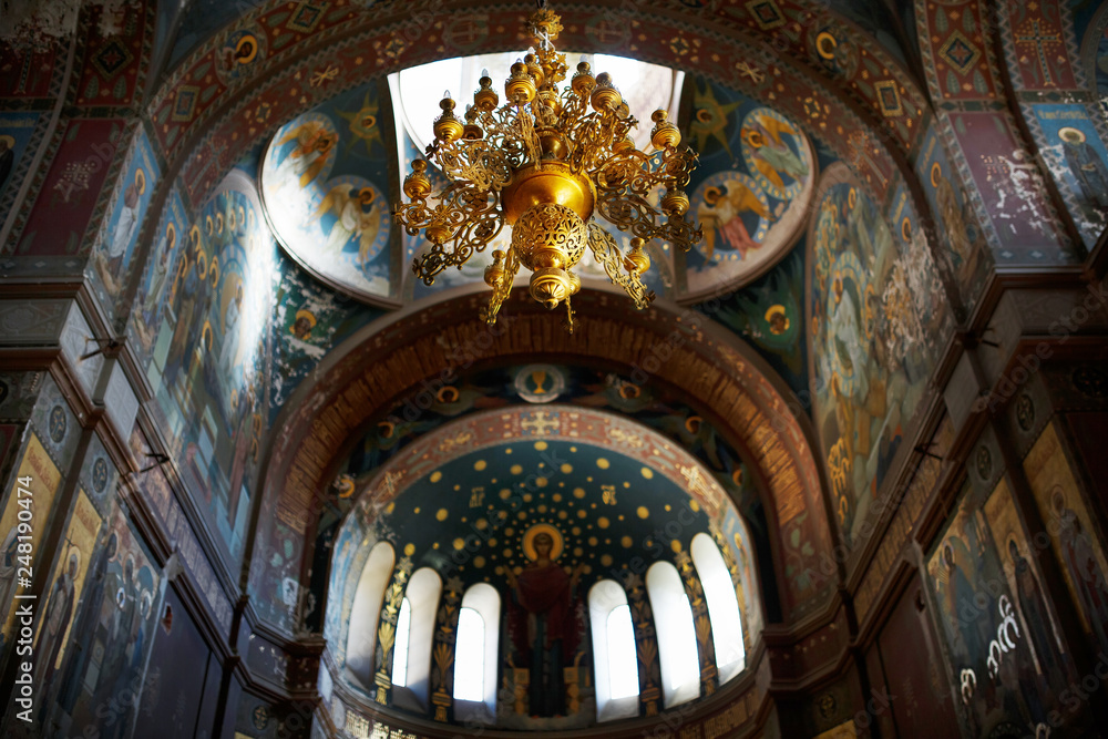 New Athos, Abkhazia Georgia Beautiful interior and dark painted frescoes of Novy Afon orthodox monastery, Abkhazia