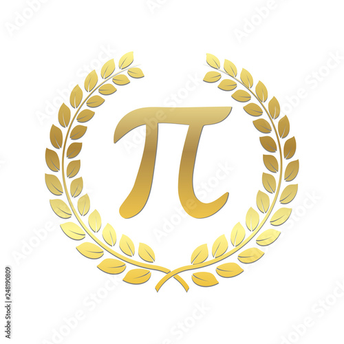 Golden laurel wreath with Pi sign. Mathematical constant, irrational complex number, greek letter. Abstract digital illustration for March 14th. Pi Day celebration. Design element for posters.