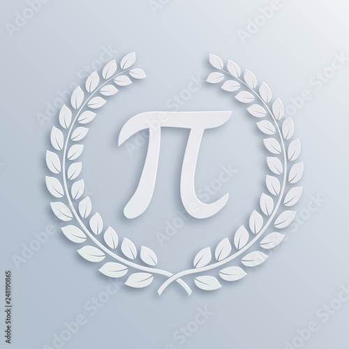 Pi Day celebration. White laurel wreath with Pi sign. Mathematical constant, irrational complex number, greek letter. Abstract digital illustration for March 14th. Design element for posters.